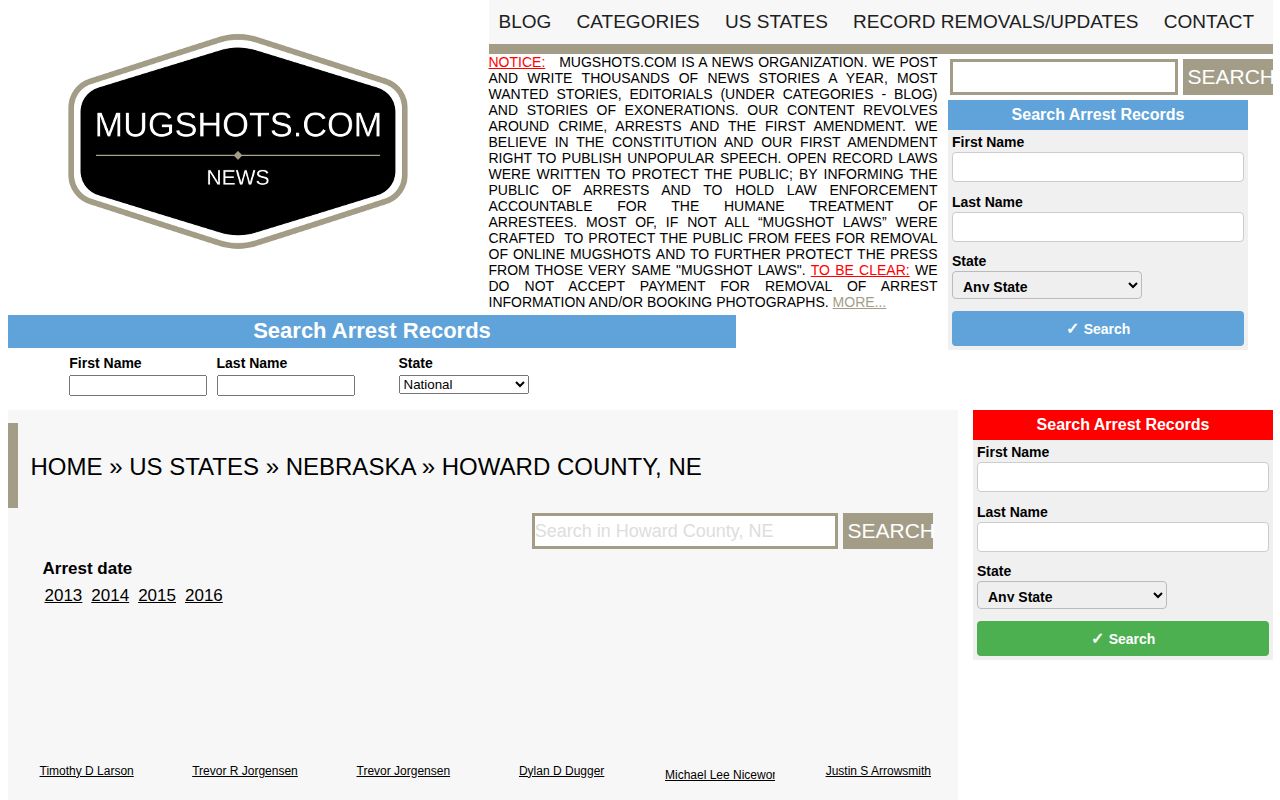 Howard County Nebraska historical third-party mugshots listing interface, not an official custody record