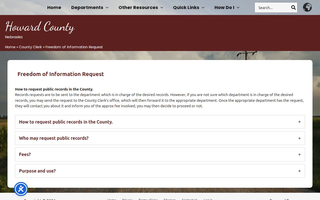 Howard County Nebraska public-record request route for booking records