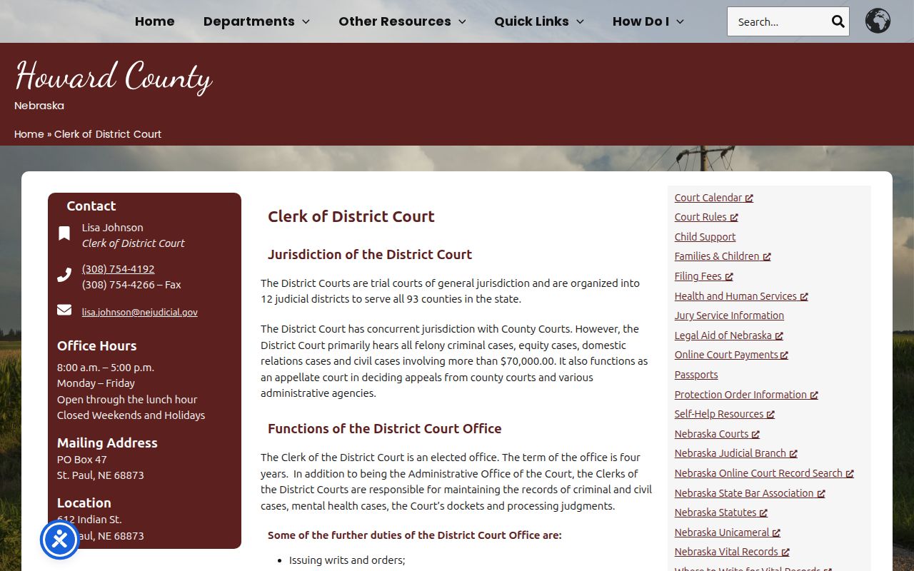 Howard County District Court records contact page for warrant and court record follow-up